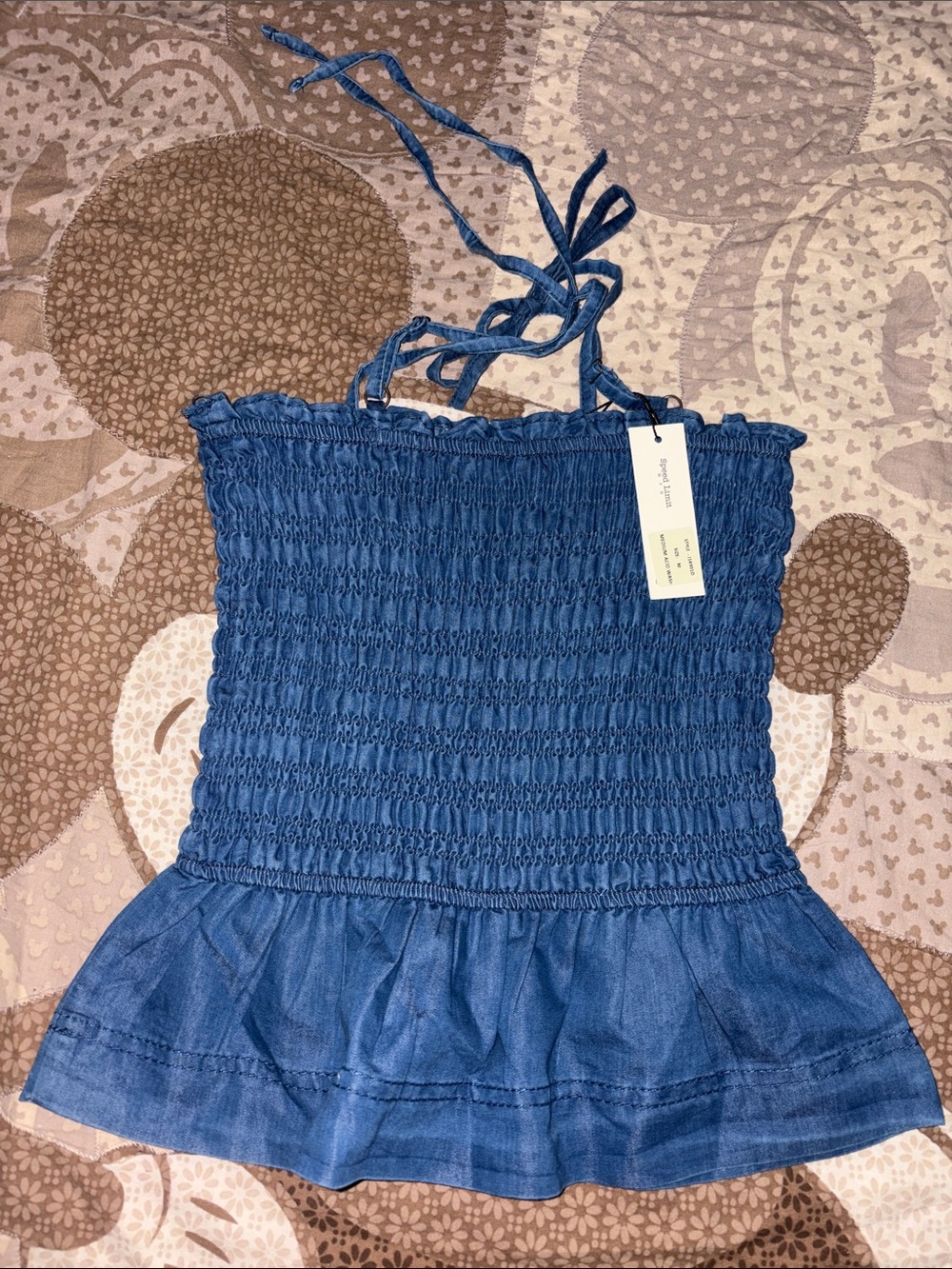 Smocked Blue Tie-Strap Peplum Tank Top